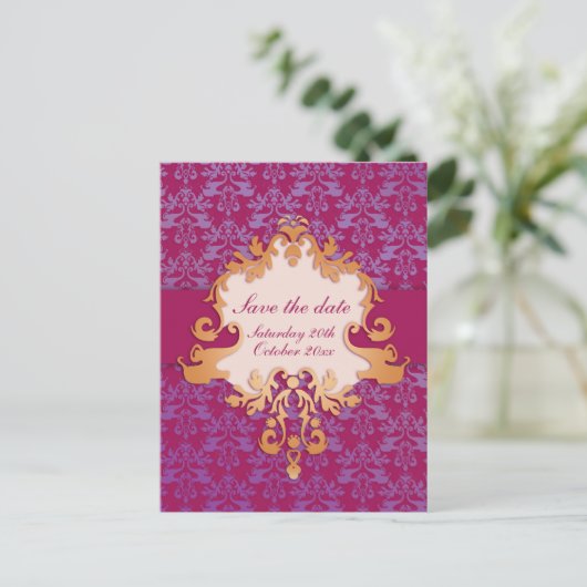 Elegant olifant behalve de datum paars/goudkaart aankondigingskaart (Staand voorkant)