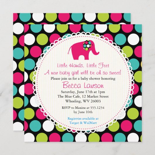 Elegant olifant pokadots Baby Shower Invitations Kaart (Voorkant / Achterkant)