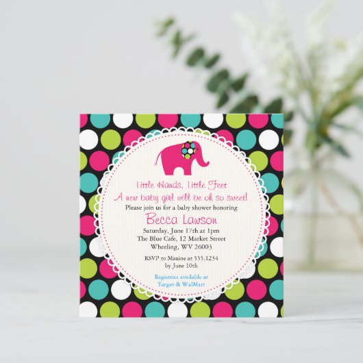 Elegant olifant pokadots Baby Shower Invitations Kaart (Staand voorkant)