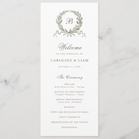 Elegant Olijf Eik  Krans Sage Bruiloft Programmakaart (Voorkant)