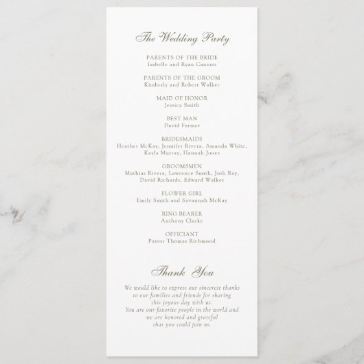 Elegant Olijf Eik  Krans Sage Bruiloft Programmakaart (Achterkant)