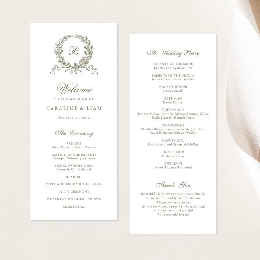 Elegant Olijf Eik  Krans Sage Bruiloft Programmakaart