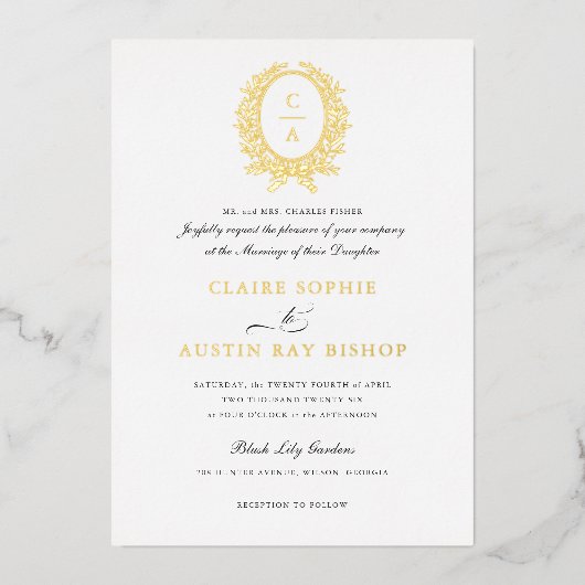 Elegant Olijfblad Krans Trouwgoud Folie Uitnodiging (Voorkant)