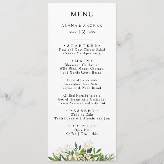 Elegant Olijfgroen Bruiloft Diner Menu (Voorkant)