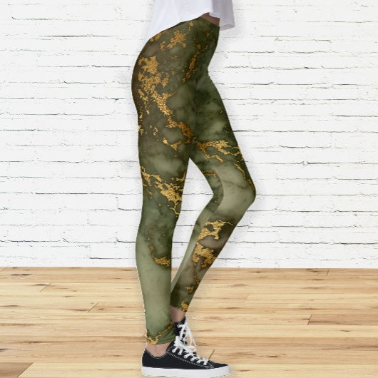 Elegant Olijfgroen en Goud Marmer Leggings