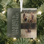 Elegant olijfgroen gebladerte moderne minimale fot glas ornament<br><div class="desc">Elegante multi-foto moderne minimal olijfgroene waterverf botanische typografie Merry Christmas vakantie decor ornament.</div>