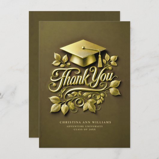 Elegant Olijfgroen Goud Afstudeerder Pet Blad Afst Bedankkaart (Voorkant / Achterkant)