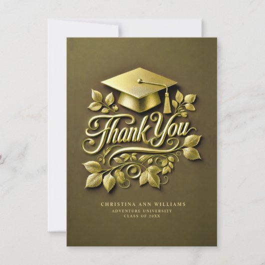 Elegant Olijfgroen Goud Afstudeerder Pet Blad Afst Bedankkaart (Voorkant)
