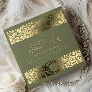 Elegant Olijfgroen & Goud Bloem Huwelijk Gastenboek