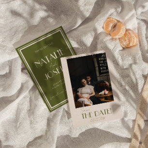Elegant Olijfgroen Ivoor Oud Geld Foto Bruiloft Save The Date