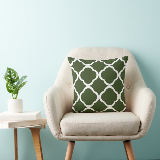 Elegant Olijfgroen Quatrefoil Patroon Kussen (Stoel)