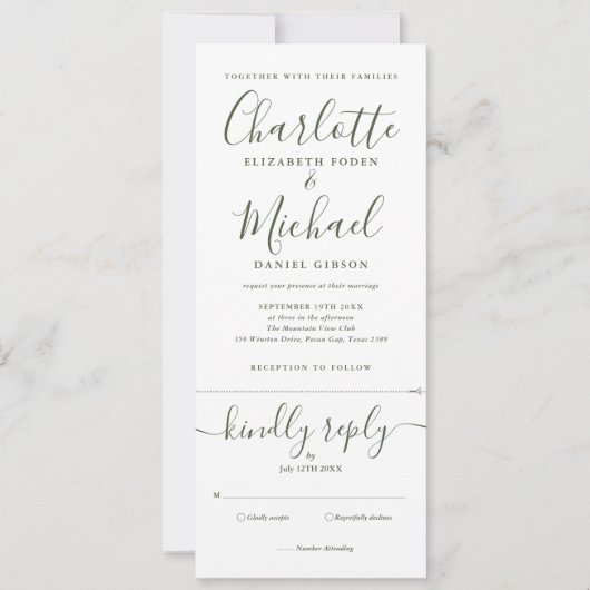 Elegant Olijfgroen Script All-in-One Trouwdag Kaart (Voorkant)