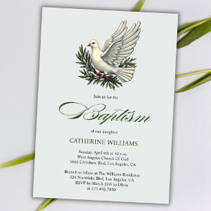 Elegant Olijfgroen Script Witte Duif Doop Kaart