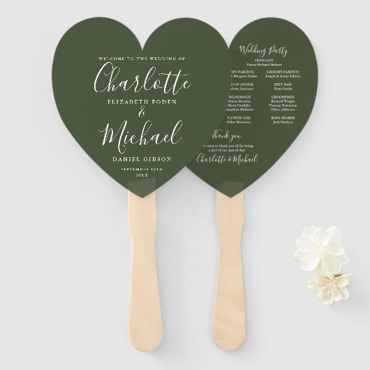 Elegant Olijfgroen Trouwprogramma Hart Handwaaier (Voorkant en achterkant)