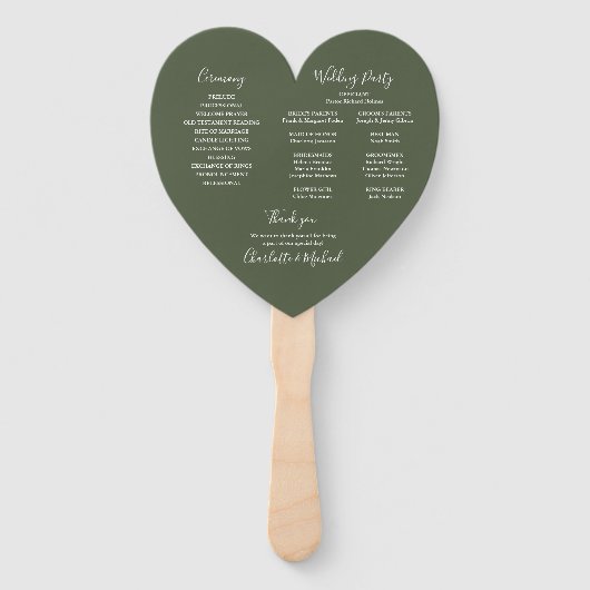 Elegant Olijfgroen Trouwprogramma Hart Handwaaier (Achterkant)