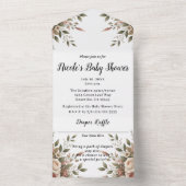 Elegant Olijfgroen & Witte Bloemen Baby shower All In One Uitnodiging (Binnen)