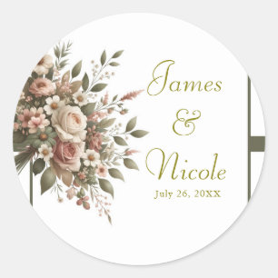Elegant Olijfgroen & Witte Bloemige Hoek Bruiloft  Ronde Sticker