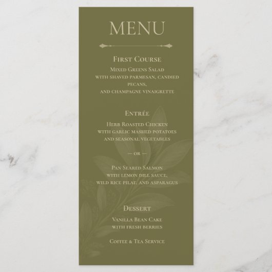 Elegant Olijfgroene Tulp Botanisch Trouwmenu Menu (Voorkant)