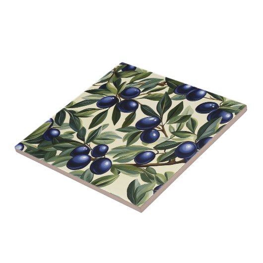 Elegant Olijftak Patroon met Deep Blue Olijven Tegeltje (Zijkant)
