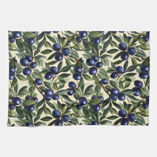 Elegant Olijftak Patroon met Deep Blue Olijven Theedoek (Horizontaal)