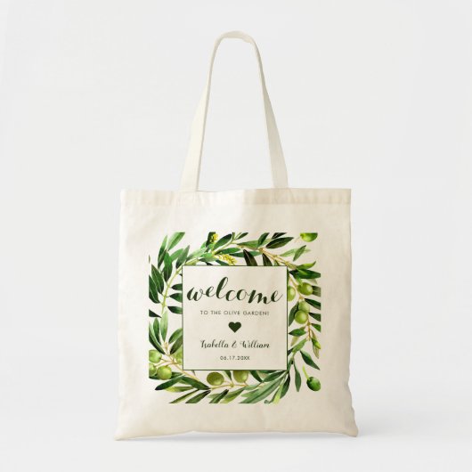 Elegant Olive Boho Garden Weddenschap Welkom Favor Tote Bag (Voorkant)