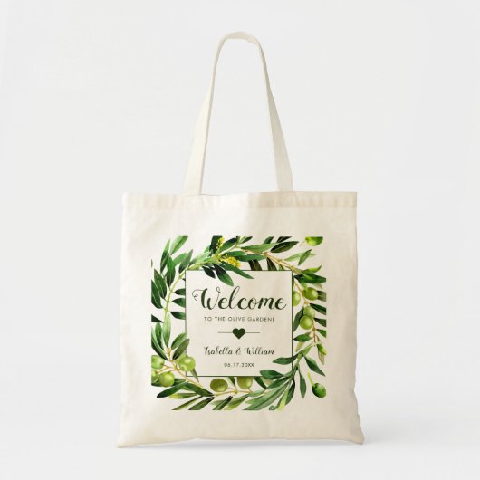 Elegant Olive Boho Garden Weddenschap Welkom Favor Tote Bag (Voorkant)