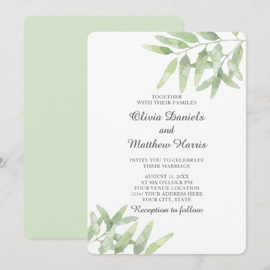 Elegant Olive Branch. Botanische eenvoudige bruilo Kaart (Voorkant / Achterkant)