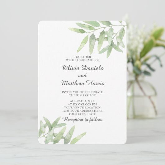 Elegant Olive Branch. Botanische eenvoudige bruilo Kaart (Staand voorkant)