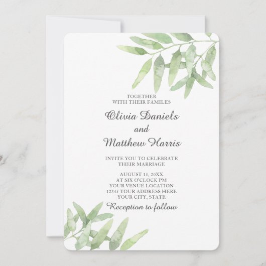 Elegant Olive Branch. Botanische eenvoudige bruilo Kaart (Voorkant)