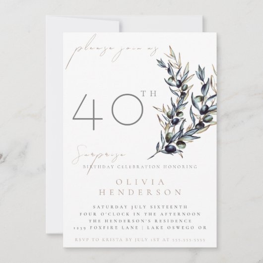 Elegant Olive Branch Surprise Birthday Invitation Kaart (Voorkant)