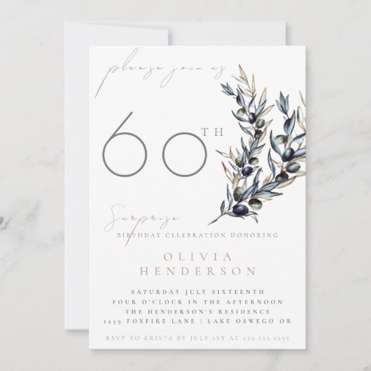 Elegant Olive Branch Surprise Birthday Invitation Kaart (Voorkant)
