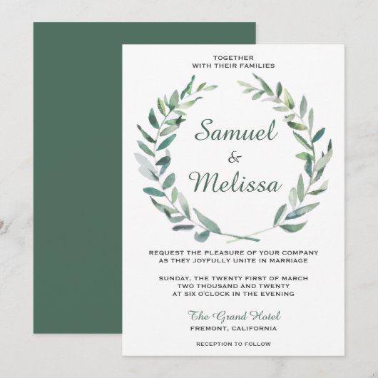 Elegant Olive Branch Waterverf Wedding Invitation Kaart (Voorkant / Achterkant)