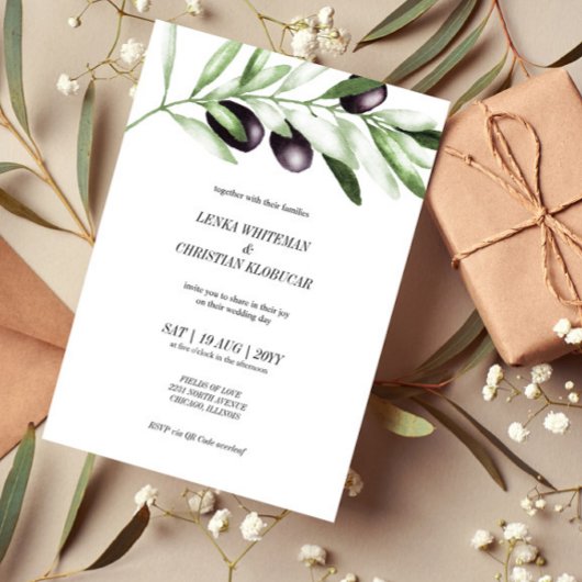 Elegant Olive Branch Wedding Invitation Kaart