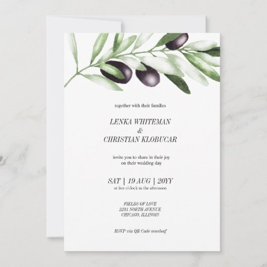 Elegant Olive Branch Wedding Invitation Kaart (Voorkant)