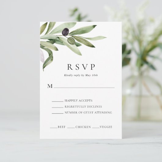 Elegant Olive Branch Wedding RSVP Kaart (Staand voorkant)