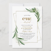 Elegant Olive Branches First Birthday & Baptism Kaart (Voorkant)