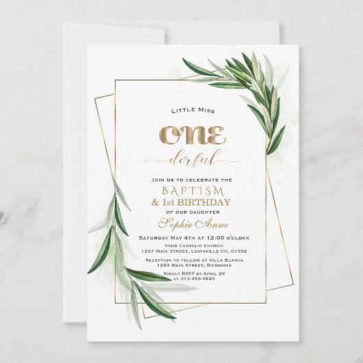 Elegant Olive Branches First Birthday & Baptism Kaart (Voorkant)