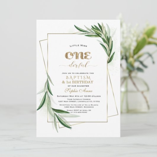 Elegant Olive Branches First Birthday & Baptism Kaart (Staand voorkant)