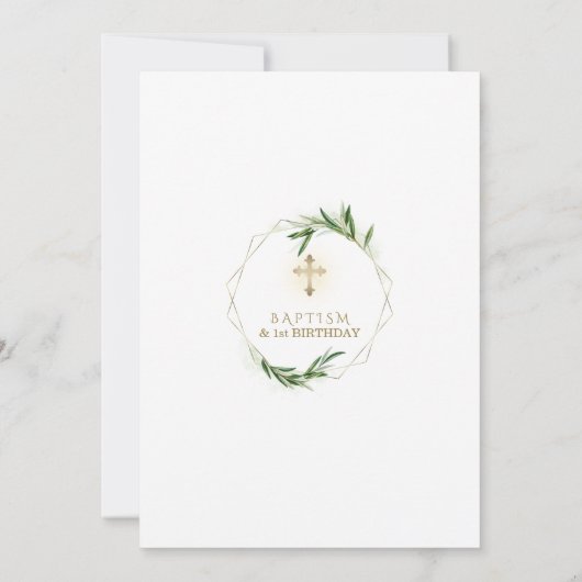 Elegant Olive Branches First Birthday & Baptism Kaart (Achterkant)