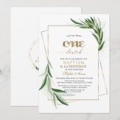Elegant Olive Branches First Birthday & Baptism Kaart (Voorkant / Achterkant)
