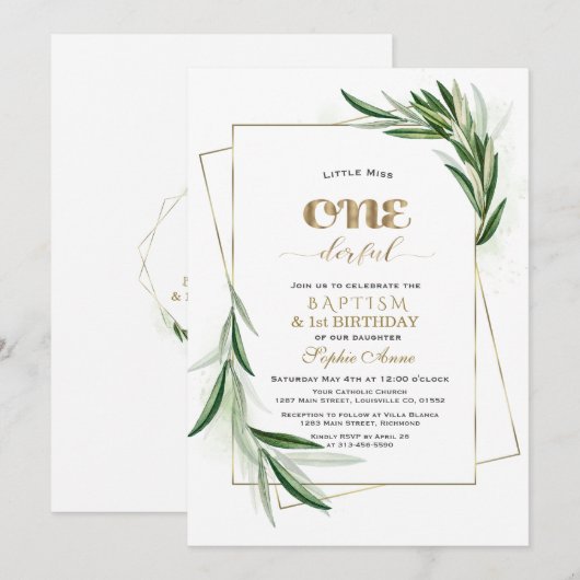Elegant Olive Branches First Birthday & Baptism Kaart (Voorkant / Achterkant)