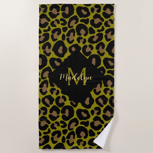 Elegant olive green and black leopard Monogrammed  Strandlaken (Voorkant)