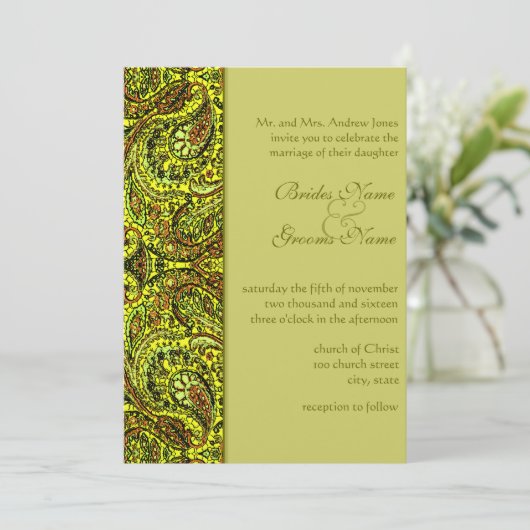 Elegant Olive Green Damask Paisley Wedding Kaart (Staand voorkant)