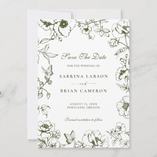 Elegant Olive Green Floral Garden Save The Date Kaart (Voorkant)