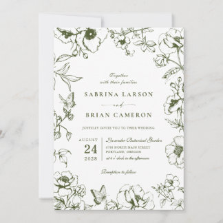 Elegant Olive Green Floral Garden Wedding Photo Kaart