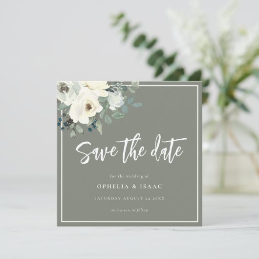 Elegant Olive Green Floral Save The Date (Staand voorkant)