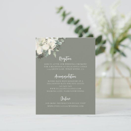 Elegant Olive Green Floral Wedding Enclosure Card Informatiekaartje (Staand voorkant)