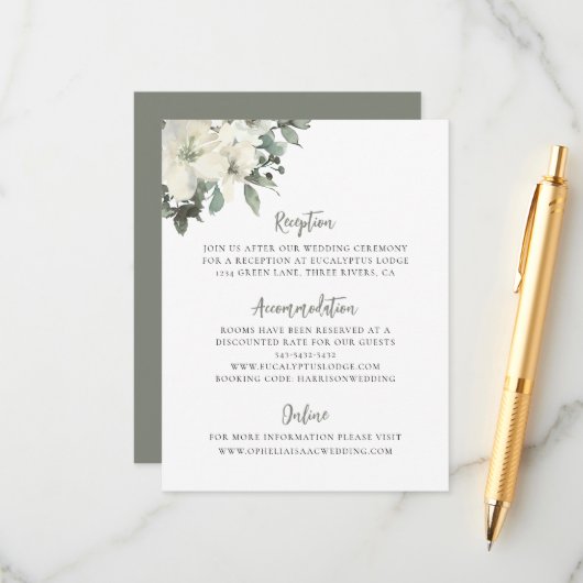 Elegant Olive Green Floral Wedding Enclosure Card Informatiekaartje (Voorkant / Achterkant in situ)