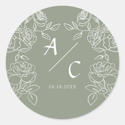 Elegant Olive Green French Roses Wedding Ronde Sticker (Voorkant)