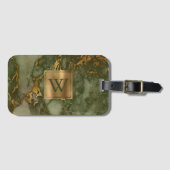 Elegant Olive Green Gold Marble Monogram Bagagelabel (Voorkant (horizontaal))